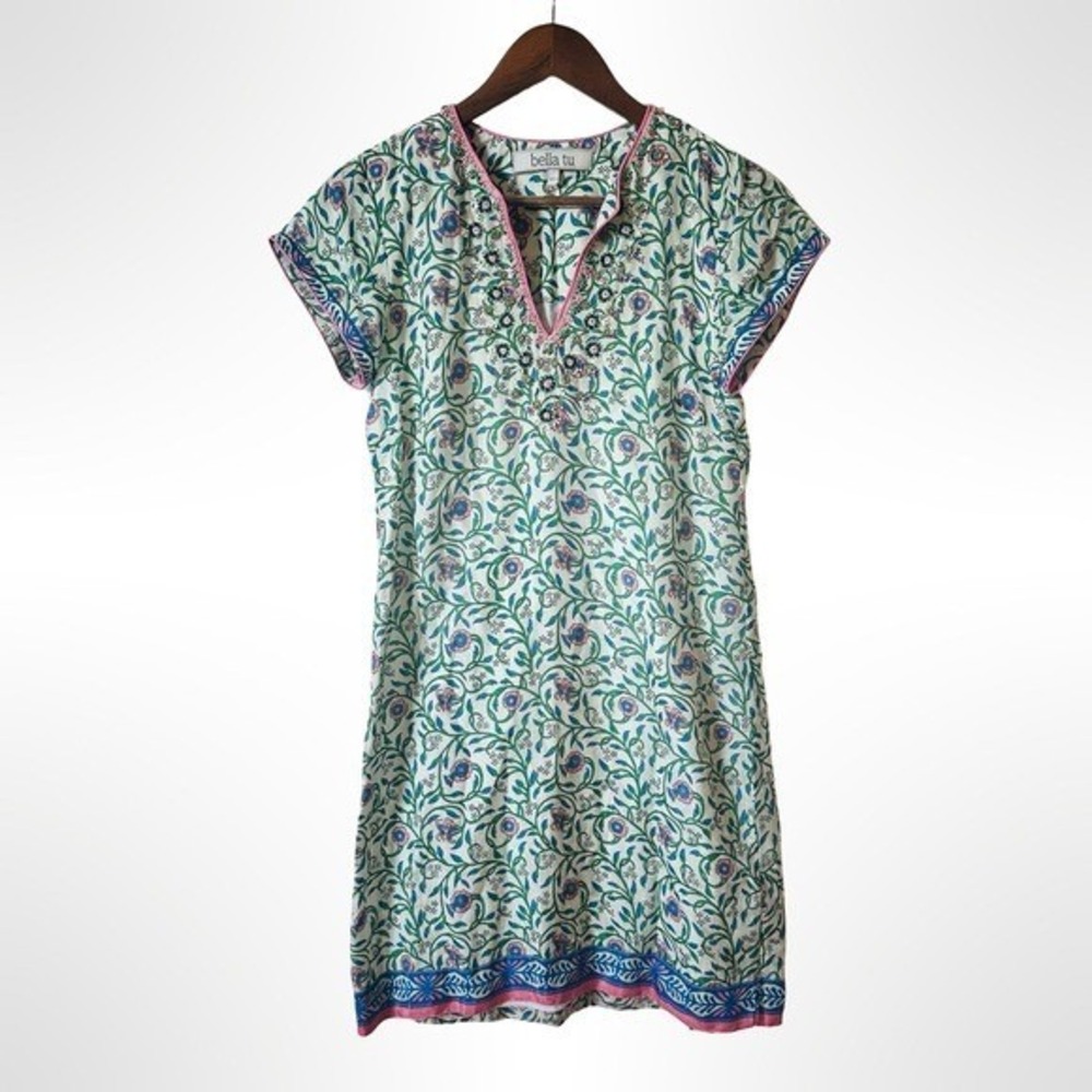 Bella Tu Savannah Floral Border Print Beaded Embroidered Tunic Dress XS Resort - Picture 2 of 12